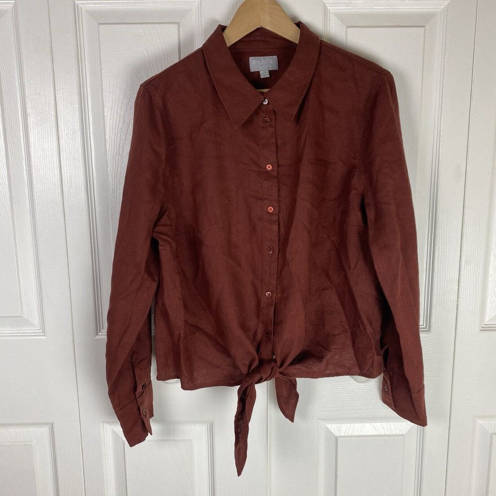 Pure Collection 14 100% Linen Button Up Shirt Tie Long sleeve Blouse Lagenlook
